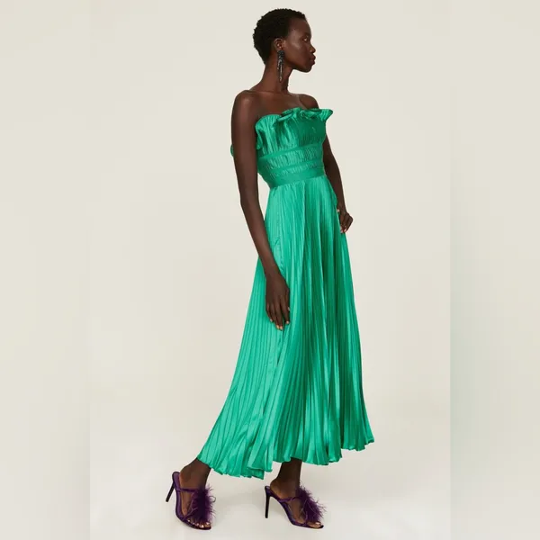 AMUR Giada Dress,‎ Green Satin Pleated, Size 2 - Image 9
