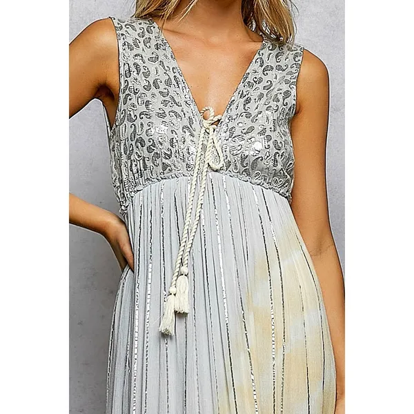 POL Deep V Sleeveless Cotton Bohemian Tiered Maxi Dress -‎ Light Grey - Medium - Image 6