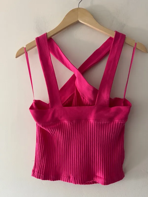 Zara Hot Pink Ribbed‎ Cross Halter Crop Top Knit Tank - Image 4