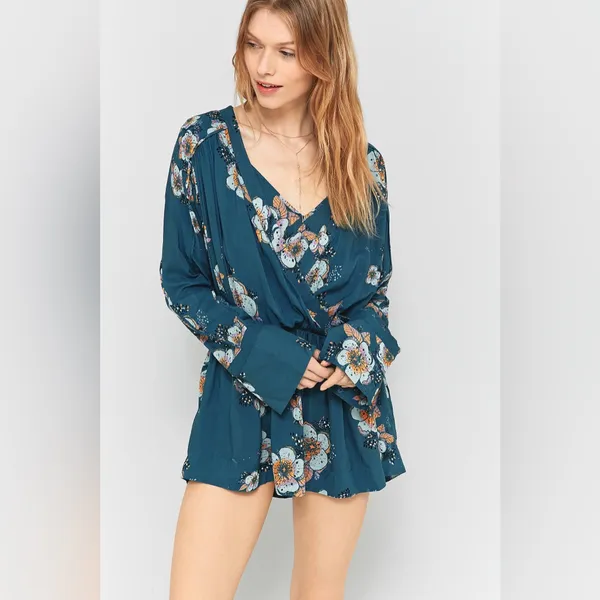 Free People Tuscan Dream Floral Tunic Dress V neck Blouse Teal Long Sleeve Femme - Image 3