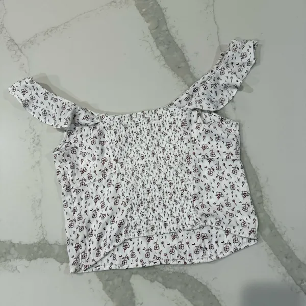 Free People Floral Smocked Ruffle Trim Tank Top Womens Medium WhiteCombo Cottage - Image 9