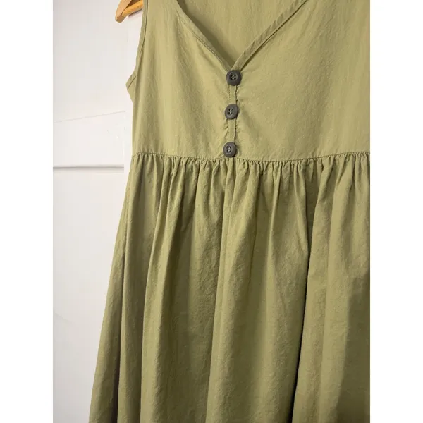 Vintage Olive Green 100% Cotton Sleeveless V-Neck Babydoll Mini Dress - Image 6