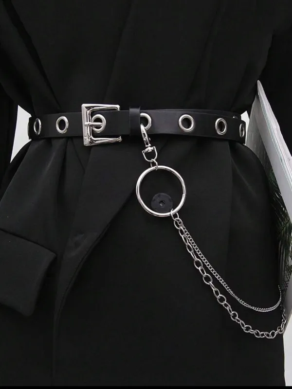 Black Grommet Belt with Silver Chain Accent New - Image 2
