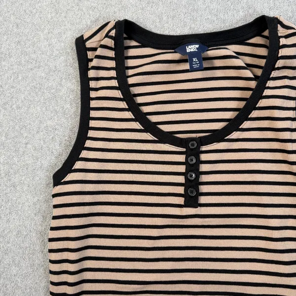 Lands' End Women's XL 16/18 Tan Black Striped Ribbed Henley Tank Top Casual - Image 3