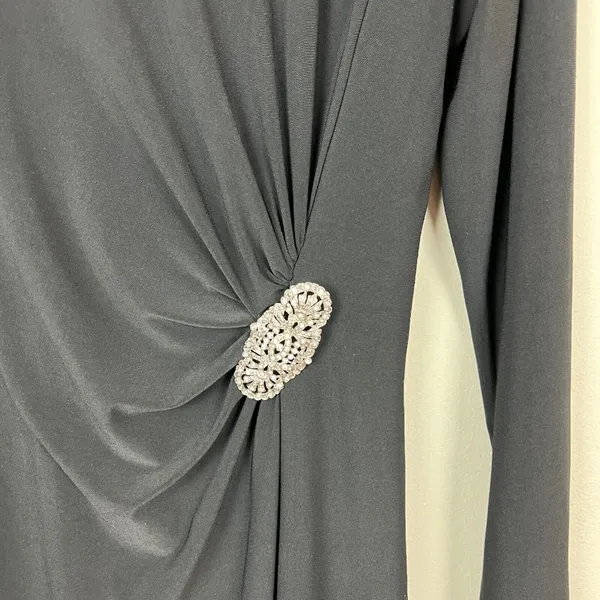 Lauren Ralph Lauren Dress 14 Black Sheath Ruched Broach Long‎ Sleeve Flattering - Image 3