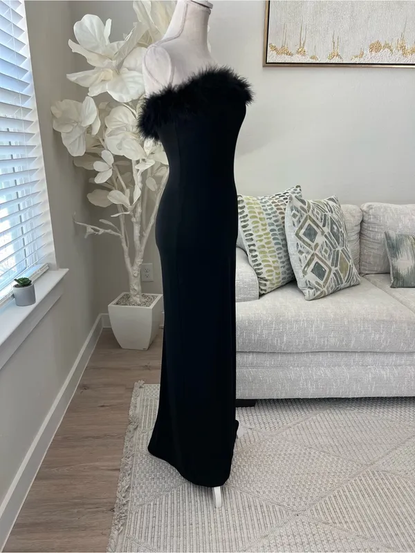 Jessica McClintock Gunne Sax Strapless Feather-Trim Black Evening Gown Size 7/8 - Image 3