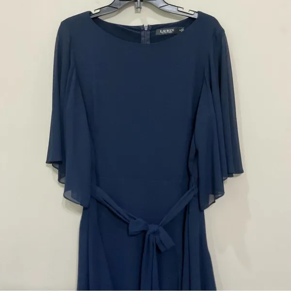 Lauren Ralph Lauren Cocktail Dress Mandie Navy Blue Ruffled Knee-Length Sz 14 - Image 3