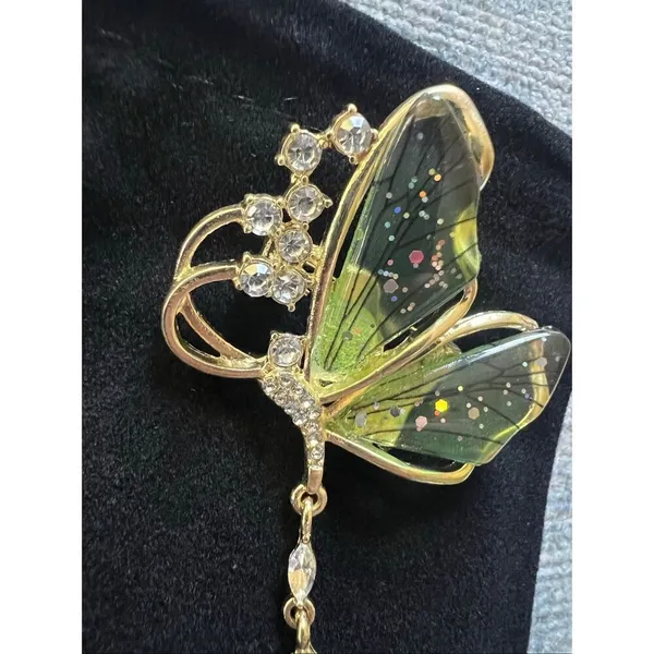Green Glitter Resin Rhinestone Gold Tone Butterfly Brooch Pin - Image 2