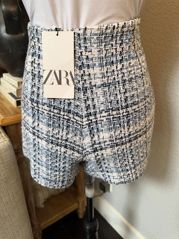 ZARA NWT Textured Tweed High Waist Skort Blue White Button Detail Size M - Image 6