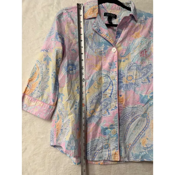 Lauren Ralph Lauren Pajama Set Womens Medium Pink Paisley Cotton 3/4 Sleeve Crop - Image 7