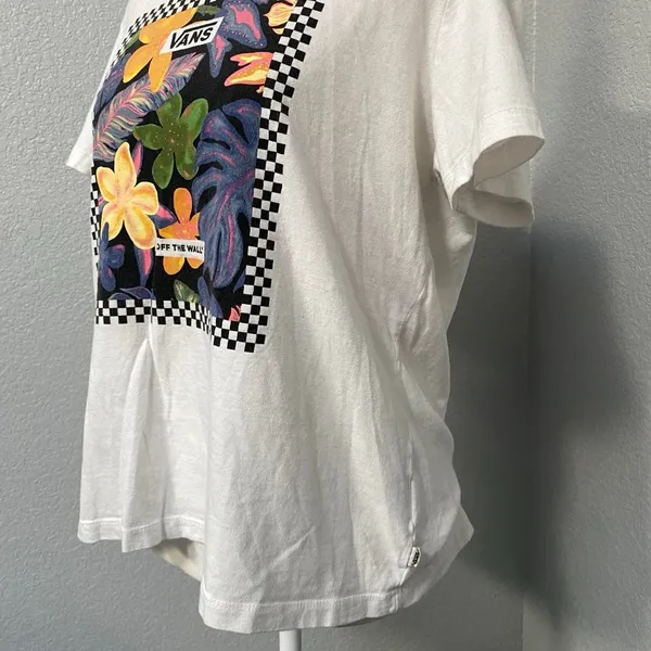 Vans White Tee Floral Leaf Checkered Graphic Print Short Sleeve Shirt - Image 3