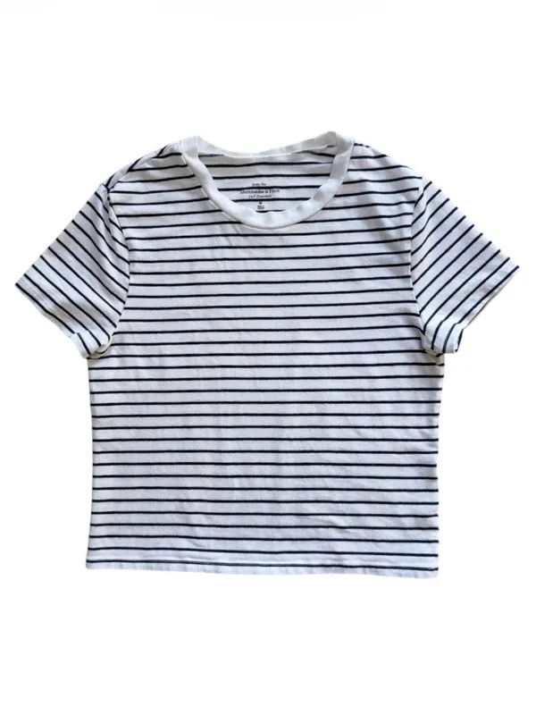 Abercrombie & Fitch Essentials Black and White Striped Baby Tee Size Medium - Image 2