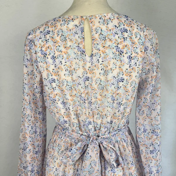 Floral Long Sleeve Mini Dress‎ Smocked Waist V-Neck Back Tie Medium Wedding Boho - Image 6