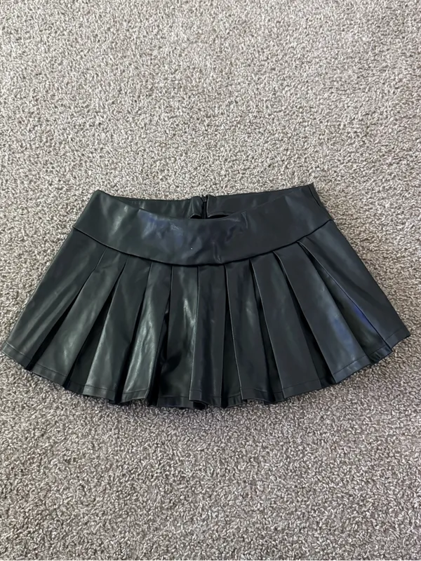 Black Faux Leather Pleated Micro Mini Skort High Rise Tennis Y2K No Brand - Image 4