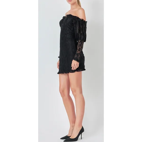 Endless Rose Off The Shoulder‎ Dress Size Medium Black Lace Fitted Long Sleeve - Image 4