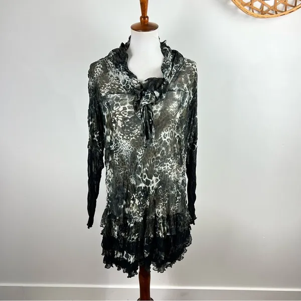 Puli Leopard Print Mesh Tunic Top Ruffle Lace Hem Size Large - Image 8