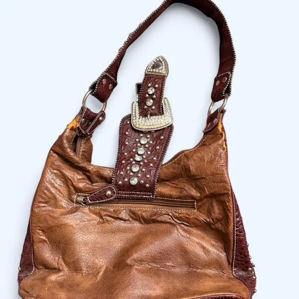 Y2K 2000s Western Cowgirl Mcbling Bimbo Goth Rhinestone Large Buckle Hand Shoulder Hobo Bag Purse Preppy bedazzled silver studs brown #whimsygoth #grunge #punk #stagecoach #streetwear festival Measurement in pics Some distressing as pictured - Image 4