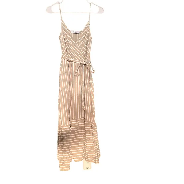 Petal + Pup Odette Midi Dress Womens 4 Tan White Striped Linen Blend V-Neck‎ - Image 2