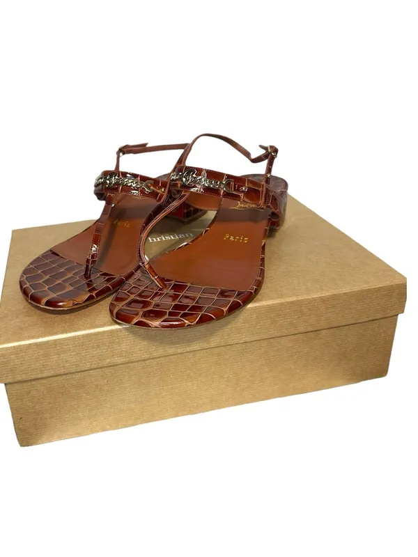 Christian Louboutin Brown Croc-Embossed Leather T-Strap Sandals box full set - Image 2