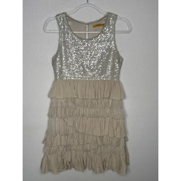 Alice + Olivia 2000s Silk Ruffle Tiered Sequin Dress Neutral Small - Image 15