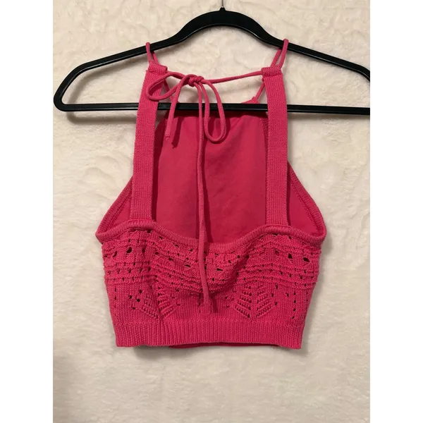Hot Pink Crochet Knit Halter Top Womens Small‎ Boho Pointelle Crop Tank Tie Back - Image 5