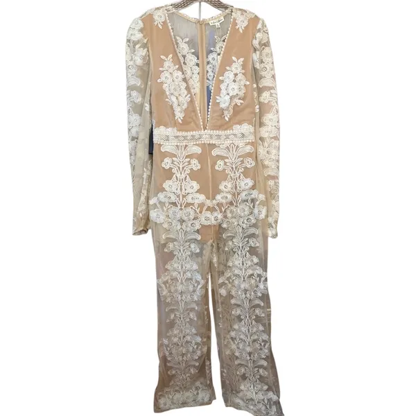 Free People For Love Lemons Temecula Jumpsuit Floral Embroidery Ivory Medium - Image 4
