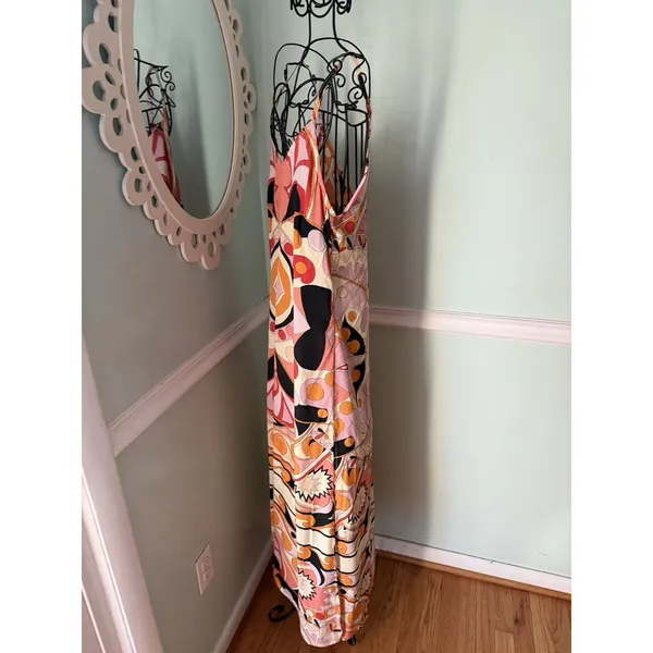 Perry Walker Silk Blend Midi Maxi Dress‎ Size Small Orange Abstract - Image 4