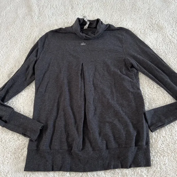 Alo Womens Turtleneck Sweatshirt Grey Sz S Yoga Athleisure Luxe Preppy Workout - Image 3