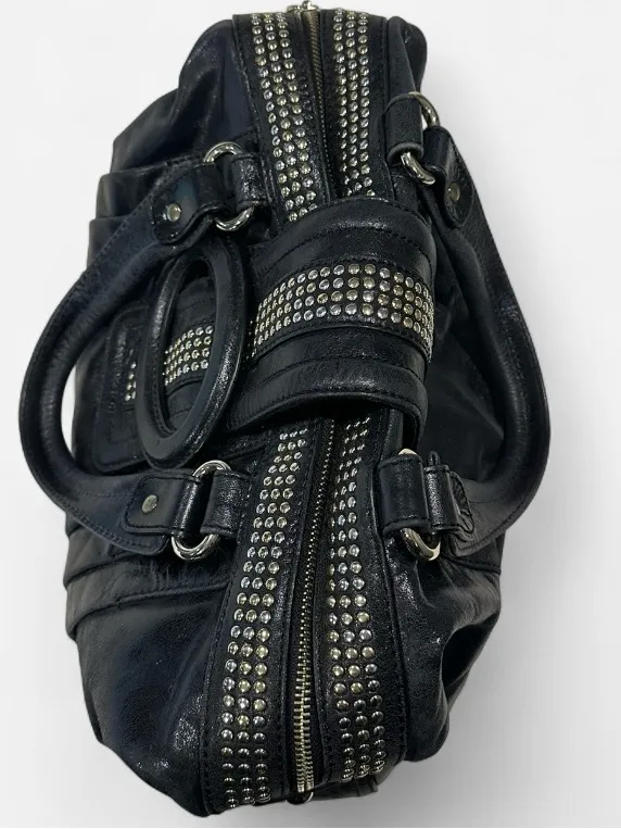 Marciano Black Leather Tote with Studded Stripe and Logo - Image 4