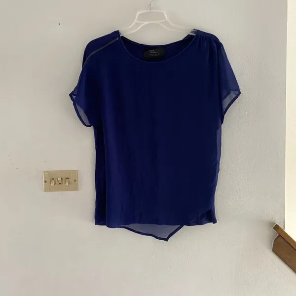 Zara Basic Special Edition Short Sleeve Top Zipper Detail Size Large Navy - Image 6