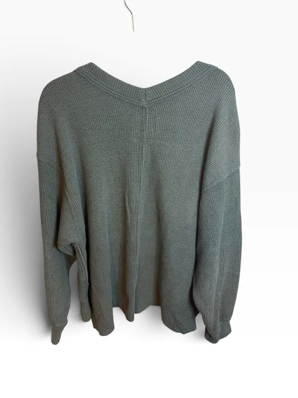 Aerie Olive Green Textured V-Neck Oversized Sweatshirt - Image 2