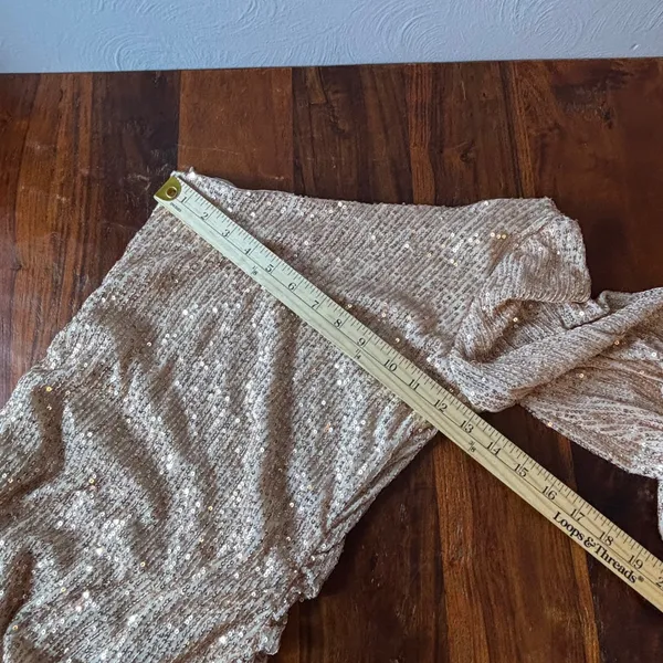 Champagne Gold Sequin One Shoulder Mini Dress Ruched‎ Balloon Sleeve Small - Image 4