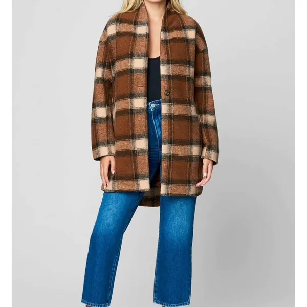 BlankNYC Evereve Wanderer Plaid Cocoon Coat Brown Oversized Shacket Large New - Image 2