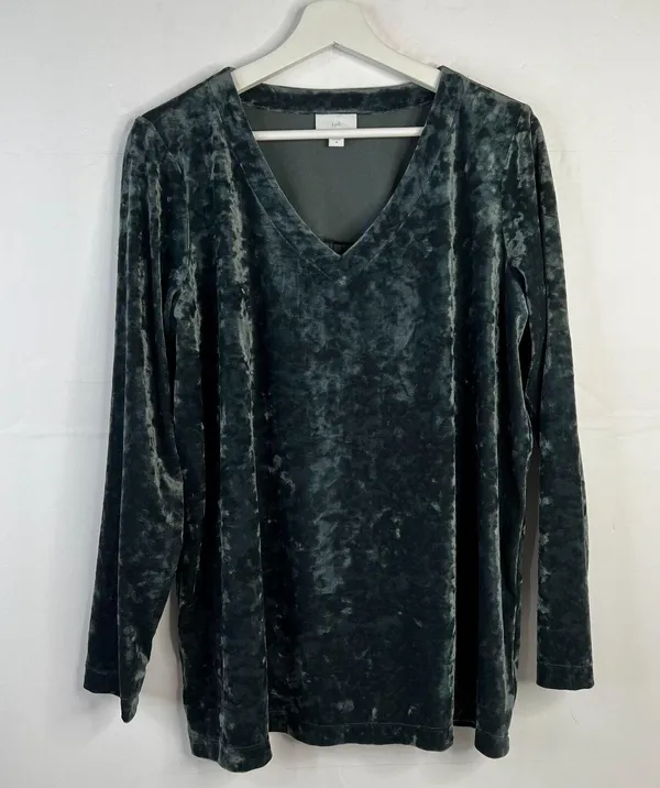 J. Jill Sz M Crushed Velvet Blouse V-Neck Shirred Back Long Sleeve Green Holiday - Image 3