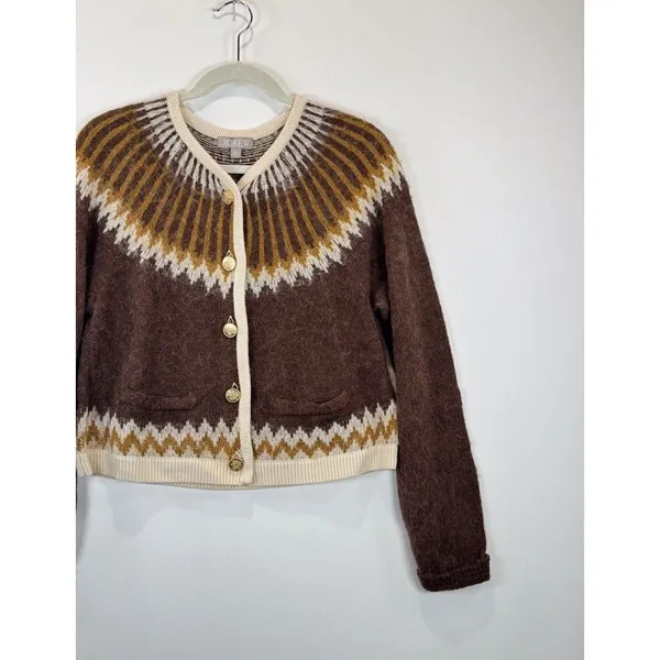 J.CREW Cardigan Brown Brushed Yarn Fair Isle Alpaca Wool Sweater Fuzzy Large - Image 7