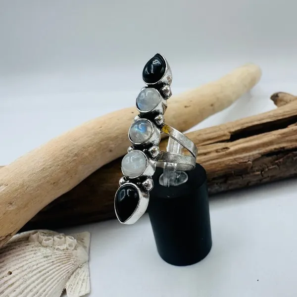 Moonstone & Onyx Sterling Silver Plated Statement Ring Size 6 - Image 2