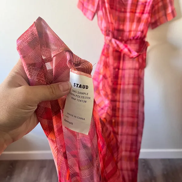 NWT STAUD Millie Dress Pink Plaid Sheer Maxi Bohemian Lagenlook Beachy Size 4 - Image 6