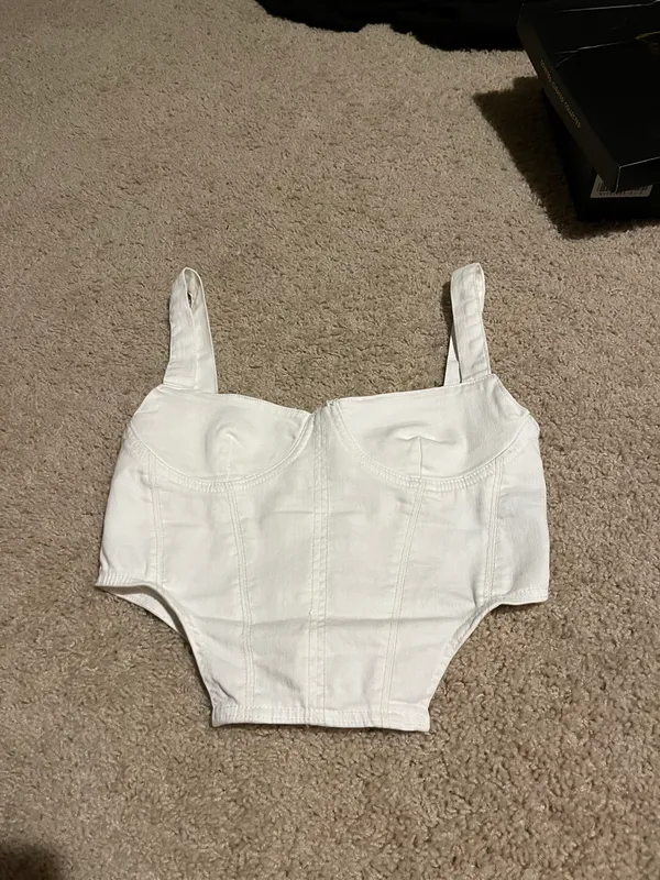 ZARA White sleeveless denim corset top never worn with zipper back - Image 3