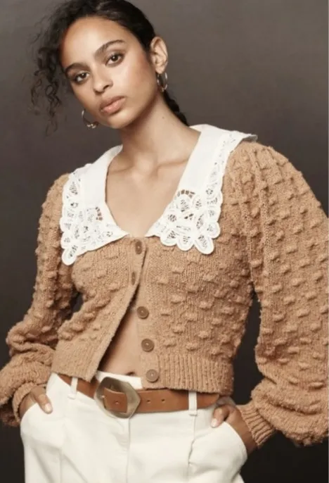 Anthropologie Cottage Balloon Sleeve Battenberg Lace Collared Cardigan Sweater L - Image 2