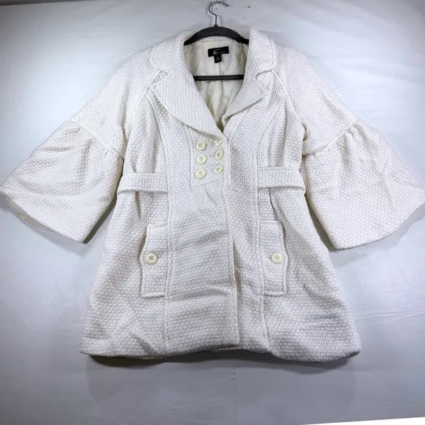 AB Studio Womens Jacket White Tweed Parisian Bell Sleeve Belted Peacoat Size 12‎ - Image 2