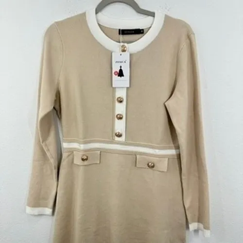 ZESICA‎ Preppy Ladylike Sweater Dress Medium Beige White Gold Buttons Mini NWT - Image 2