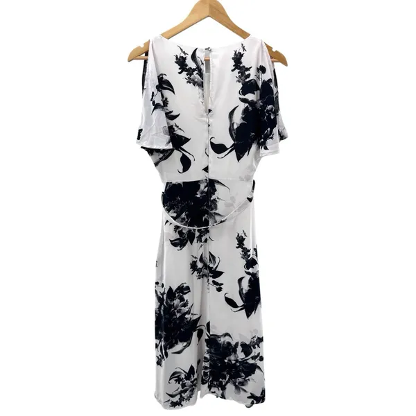 Rimini Black White Floral Print Midi Dress Size Med Flutter Sleeve Belted‎ Lined - Image 5