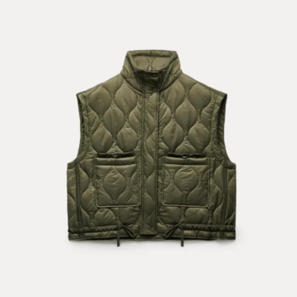 NWOT ZARA Khaki Green Puffer Jacket Sleeveless Pockets Lightweight Oversize M - Image 5