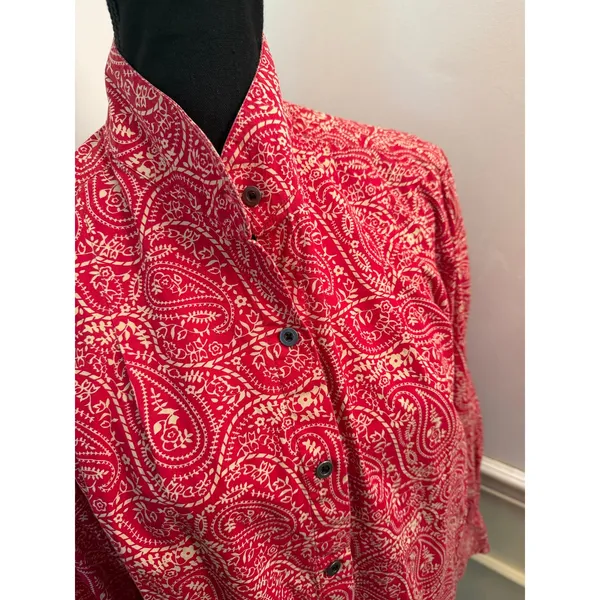 Scully Western Tomato Red & Cream Paisley Floral Button Down Blouse Top Collar - Image 3