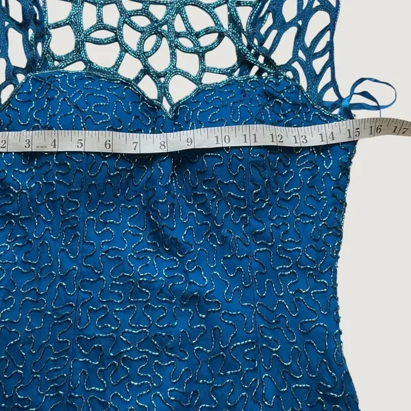 Scala Silk Beaded Gown Teal Blue Lattice Neckline Maxi Dress Small Formal Gown - Image 4