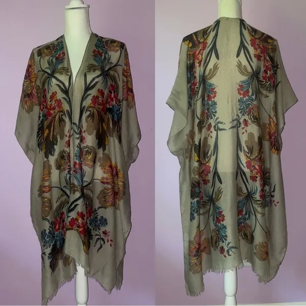 Tan Boho Floral Ruana Longline Shawl Lightweight Wrap - Image 2