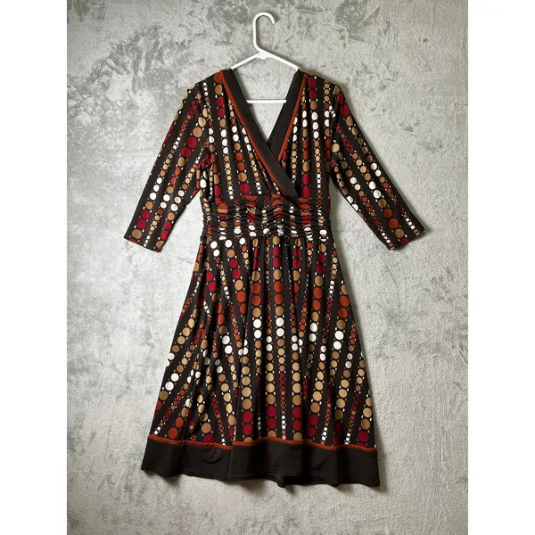 Vintage Retro Mod Polka Dot Surplice Fit & Flare Midi Dress Boho Fall 70s Chic M - Image 3