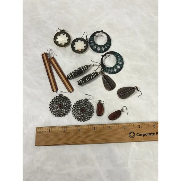 Lot of 7 Boho Earrings Mixed Materials Wood Tribal‎ Ethnic Hoop Drop Dangle - Image 7