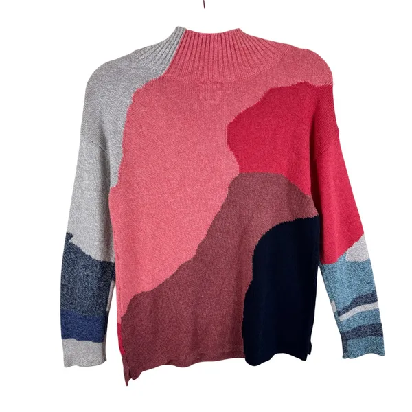NIC+ZOE Womens Small Pink Red Abstract Colorblock Mock Neck Sweater S - Image 2