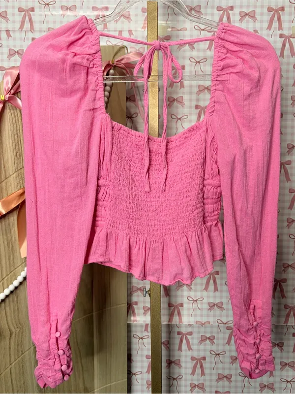 Free People Chloe Top Barbie Pink Smock Ruched Juliet Ruffle Top XS Summer Cutie - Image 3